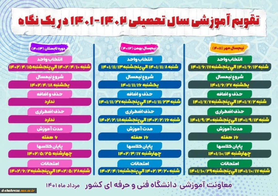 تقویم آموزشی نیمسال دوم سال تحصیلی 1402-1401 2