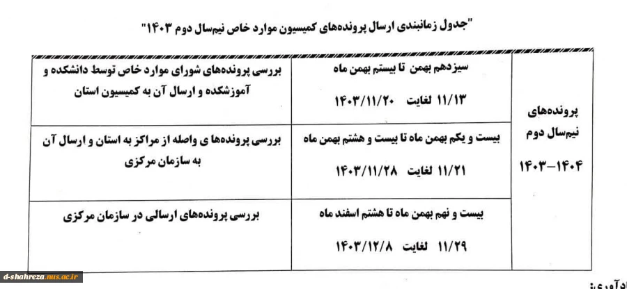 جدول زمان بندی ارسال پرونده های کمیسیون موارد خاص نیم سال دوم 1403 2